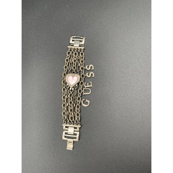 VTG Rare Y2K Guess Silver Tone Chain Pink Heart Watch Bracelet Charms 90s - Picture 9 of 10